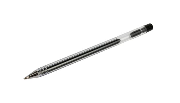 Ballpoint pen writing instrument with plastic body and removable cap isolated on white background