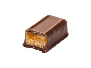 A single chocolate-covered candy bar with gooey caramel filling