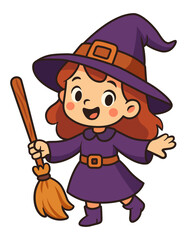 Cute witch cartoon character illustration. Halloween art. Happy little witch with broomstick.