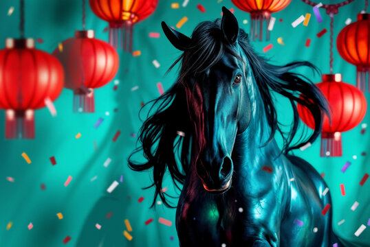 Majestic black horse surrounded by vibrant red lanterns and colorful confetti in a festive atmosphere