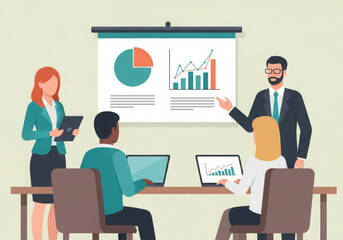 A flat illustration of Business presentation with graphs and charts being discussed by a team in a meeting setting isolated on white background