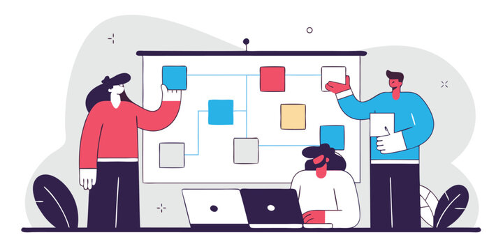 Brainstorming meeting flat design illustration, team sharing ideas with sticky notes and laptops in modern office, vector style