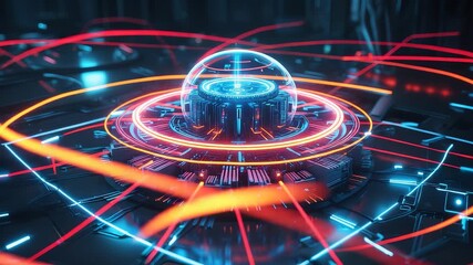 Futuristic glowing digital interface with holographic dome surrounded by bright neon light trails on advanced high tech circuit platform - Powered by Adobe