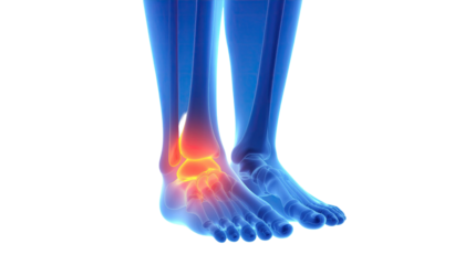 Medical illustration of human feet anatomy with highlighted foot pain area showing bone muscle and injury concept isolated on white background