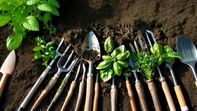 Metal gardening tools with wooden handles arranged beside green seedlings on dark cultivated soil