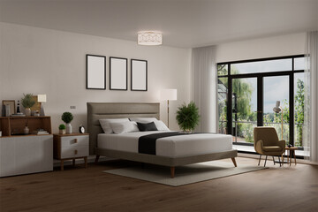 Modern Bedroom Interior with Warm Wood Flooring and Natural Light