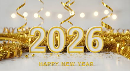 2026 Happy New Year Celebration Decorations with Gold Tinsel and Lights