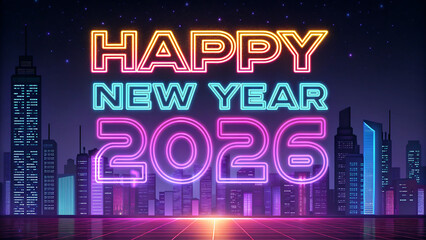 Celebrate the future with vibrant neon "Happy New Year 2026" glowing over a futuristic cityscape