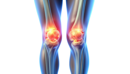 Medical illustration of human knee joint anatomy with highlighted pain area showing bone cartilage and injury concept isolated on white background