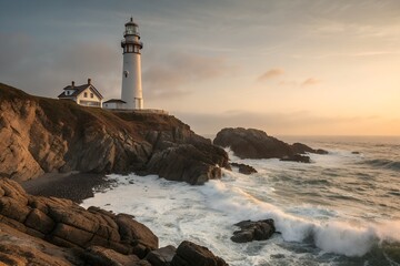 Naklejka premium A tall white lighthouse on a rocky cliff at sunset with waves crashing against the shore