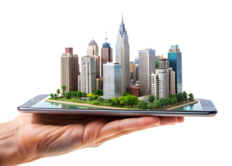  Miniature Urban Landscape on a Fingerpad Against on white background ,PNG.AI Generated.