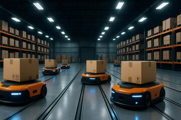 Modern warehouse using automated guided vehicles transporting cardboard boxes, improving efficiency and productivity in logistics and delivery