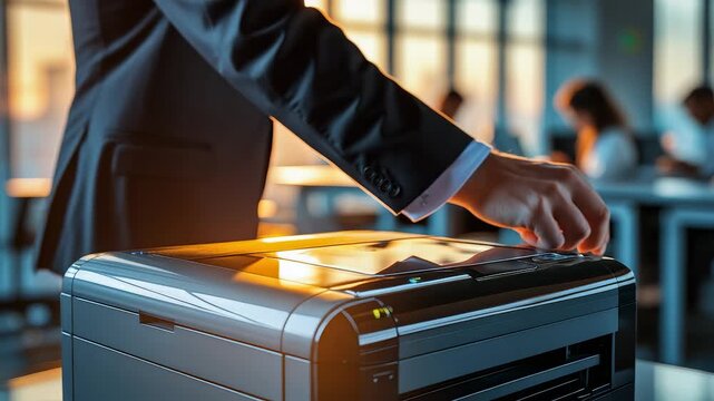 Businessman using modern office printer machine for copying documents in corporate workplace with sunlight reflection on device