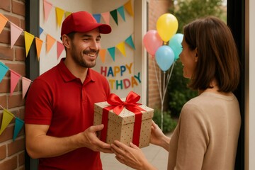 Courier delivering a gift box with red ribbon to a woman during a birthday party, surprise birthday present delivery at home