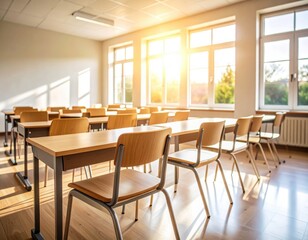 An empty classroom is filled with sunshine, awaiting students.