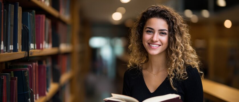 The cheerful woman reading in a library with enthusiasm and joy.