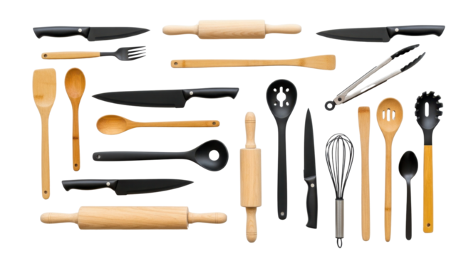 Elegant Flatlay of Black and Wooden Kitchenware and Culinary Tools Isolated on Transparent Background PNG