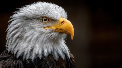 Obraz premium Majestic bald eagle perched, showcasing detailed feathers and intense gaze against a blurred background