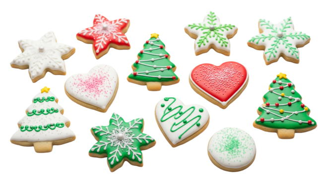Hübsch dekorierte Weihnachtskekse in verschiedenen Formen, transparenter Hintergrund, PNG - Powered by Adobe