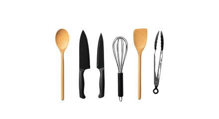 Professional Kitchen Tools Flatlay Black and Wooden Cooking Utensils Isolated on Transparent Background PNG