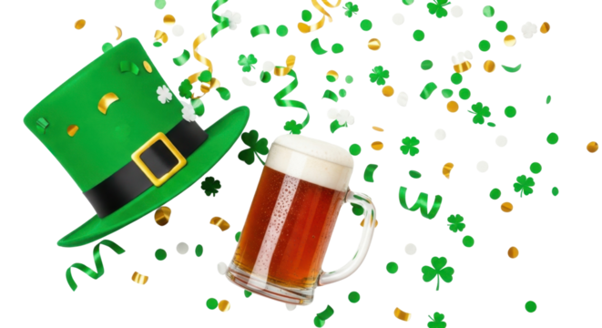 Festive St. Patrick’s Day Celebration with Leprechaun Hat Beer Mug and Shamrock Confetti on transparent background PNG