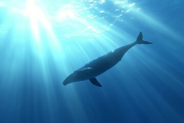 Obraz premium Majestic blue whale swimming gracefully in sunlit ocean depths
