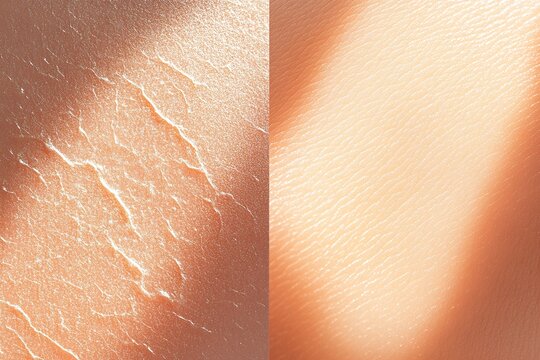 Caucasian skin texture comparison: dry cracked vs. smooth hydrated surface