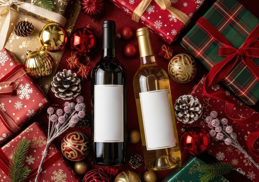 Holiday Wine Gift Arrangement: Red and White Wine with Christmas Presents