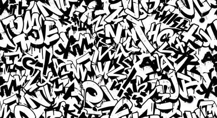 Fototapeta premium Dynamic Black and White Graffiti Art: A Chaotic Urban Expression of Street Culture
