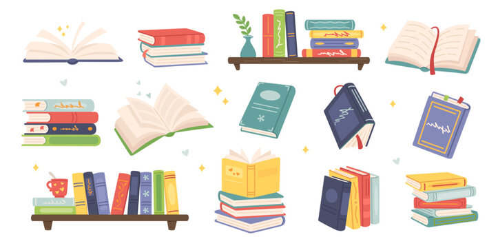 Cartoon books and school textbooks with bookmark, reading literature concept, stacked and open and stack book, library and bookshelf elements, study and education design. Vector isolated set