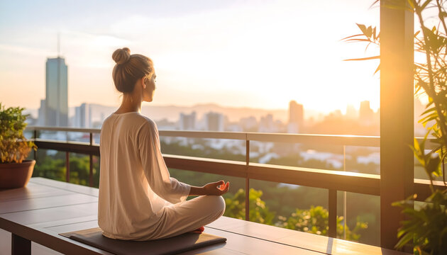 Calm woman practicing morning yoga meditation in a lotus pose on a terrace with a stunning urban city view at sunrise, embracing wellness and tranquility.