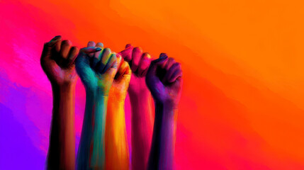Colorful illustration of a group of women raising the. Vibrant depiction of a female collective elevating the standard promoting empowerment diversity unity strength achievement