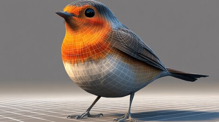 Charming bird rendering with vibrant orange breast and polygonal mesh, showcasing technical artistry