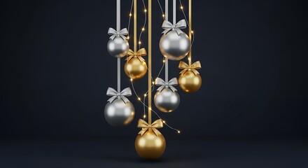 Gold and silver Christmas ornaments hang with festive lights and ribbons against a dark background holiday decoration baubles hanging celebration season