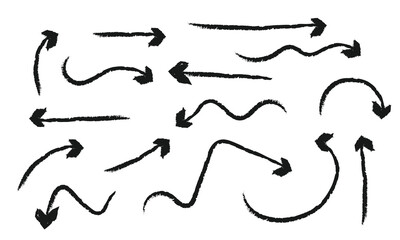 Pencil chalk arrow scribbles collection - doodle pointers, curved lines, round swirls hand drawn. Chaotic artistic strokes, marker design elements set. Sketchy black outline drawings vector pack.