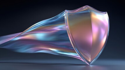 A vibrant, translucent shield flowing through a dynamic, colorful wave, showcasing protection