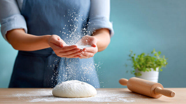 Female baker in blue apron is sprinkling flour over dough on wooden table, with rolling pin and potted herbs, creating a warm and inviting baking atmosphere - Powered by Adobe
