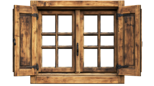 Old window with wooden shutters rustic architecture isolated on white background