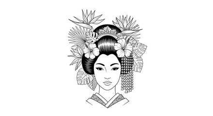 Elegant Geisha Portrait with Hibiscus and Bird of Paradise Flowers in Black and White