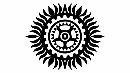 Naklejka premium Circular gear design surrounded by stylized leaves in a symmetrical and ornate black and white pattern silhouette