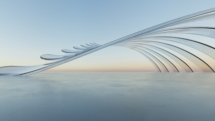 3d illustration of abstract wavy architecture background, Minimal curved geometry architectural design, Car presentation backdrop with empty concrete floor, Flowing geometric glass building design