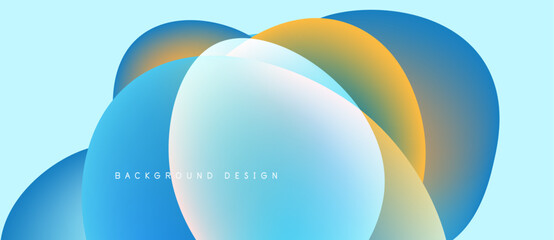 Abstract fluid shapes overlap, creating vibrant color gradients. Light blue background complements orange, turquoise hues. Modern design element.