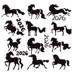 Silhouette horse running Happy Chinese New Year 2026, Zodiac sign, lunar year of the Horse Vector flat illustration