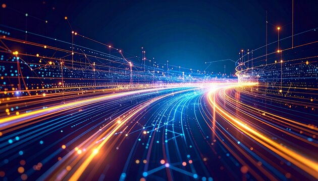Dynamic motion blur of light trails through a digital tunnel, symbolizing the rapid flow of big data and global internet communication