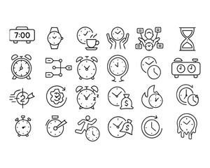 Fototapeta premium Set of outline icons related to clock, time. Linear icon collection