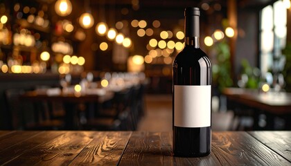 Elegant red wine bottle with a blank white label for branding mockup, sitting on a rustic wooden table in a cozy, softly lit restaurant interior