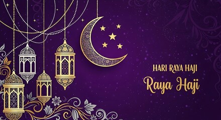 Elegant Raya Haji Greeting with Golden Lanterns and Crescent Moon