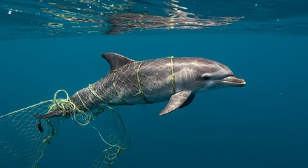 Nylon fishing net wrapped around a baby dolphin, reflection on the surface, ultra-realistic, Generative AI