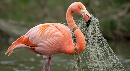Nylon fishing net wrapped around a flamingo's neck and beak, ultra-realistic, Generative AI.
