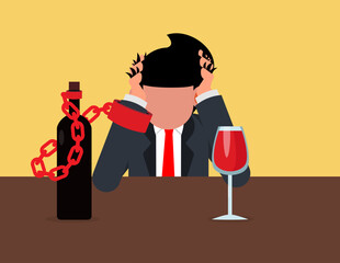 Alcohol addiction. Businessman  suffering from alcohol addiction is chained to bottle of wine sitting at table clutching head.